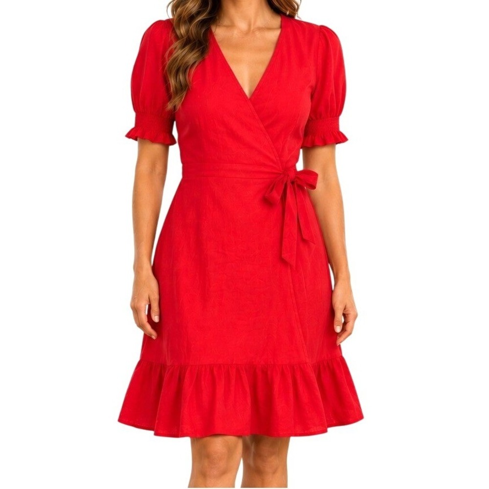 Antonio Melani Red Linen Blend Wrap Dress Size 8 Puff Sleeve Ruffle Hem NWT